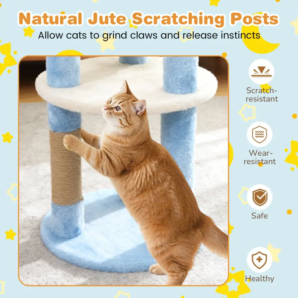 29 Inches Cute Modern Cat Tree with Star and Moon Shaped Platforms-Blue - Blue - Cat Trees Condos & Scratchers