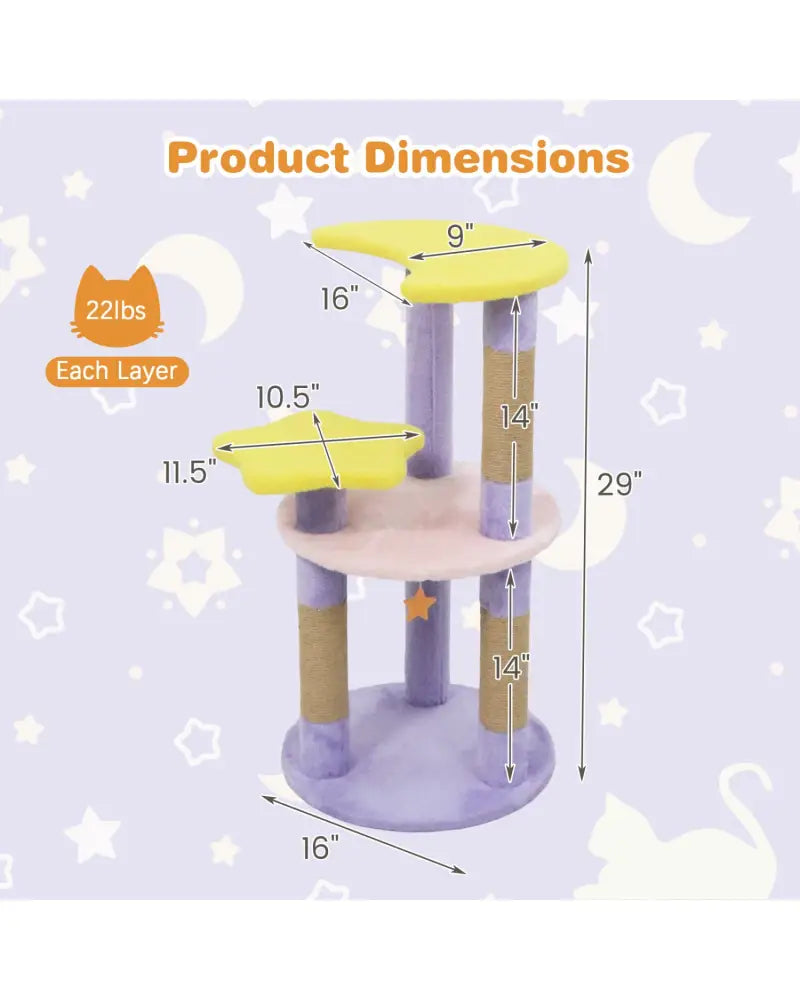 29 Inches Cute Modern Cat Tree with Star and Moon Shaped Platforms-Purple - Purple - Cat Trees Condos & Scratchers