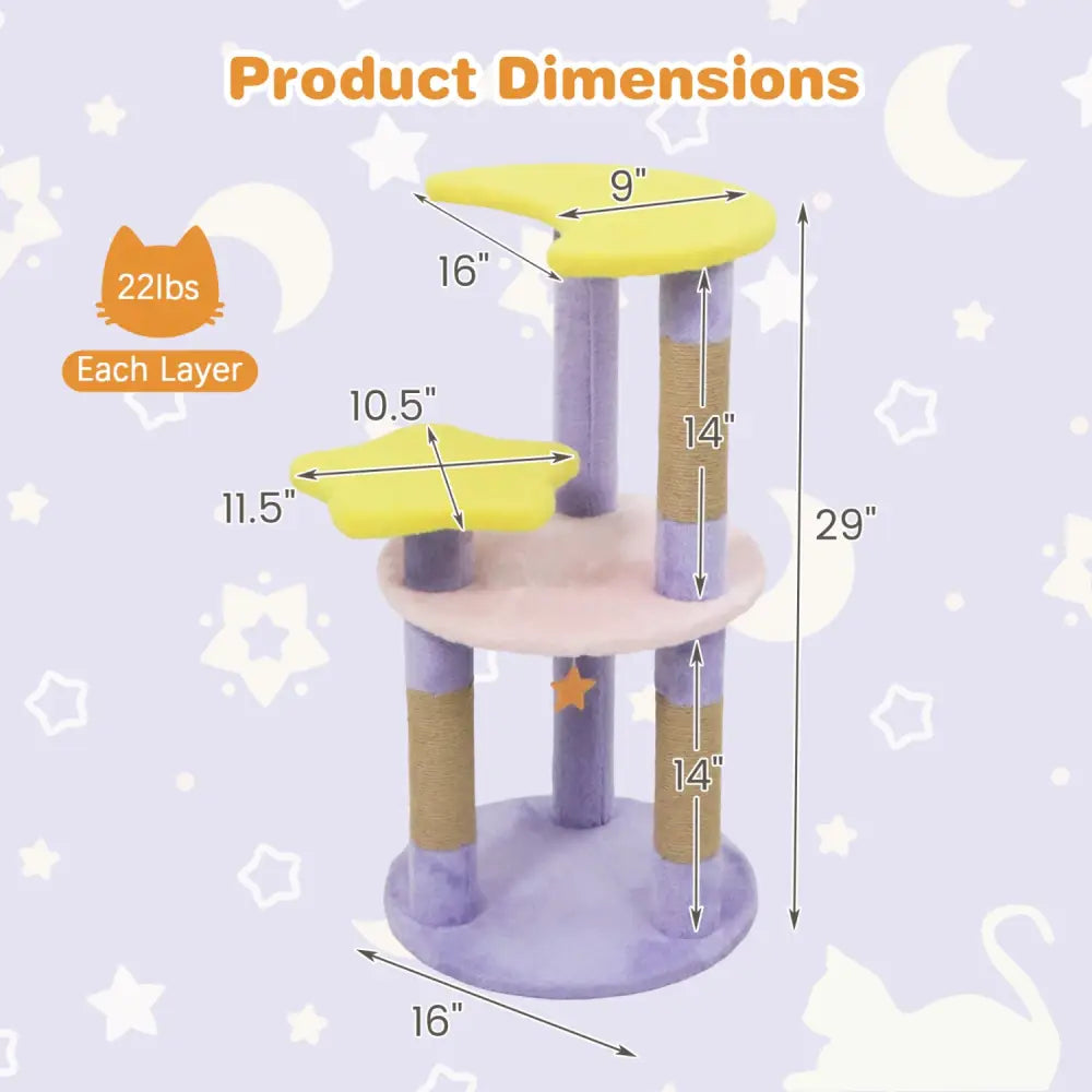 29 Inches Cute Modern Cat Tree with Star and Moon Shaped Platforms-Purple - Purple - Cat Trees Condos & Scratchers