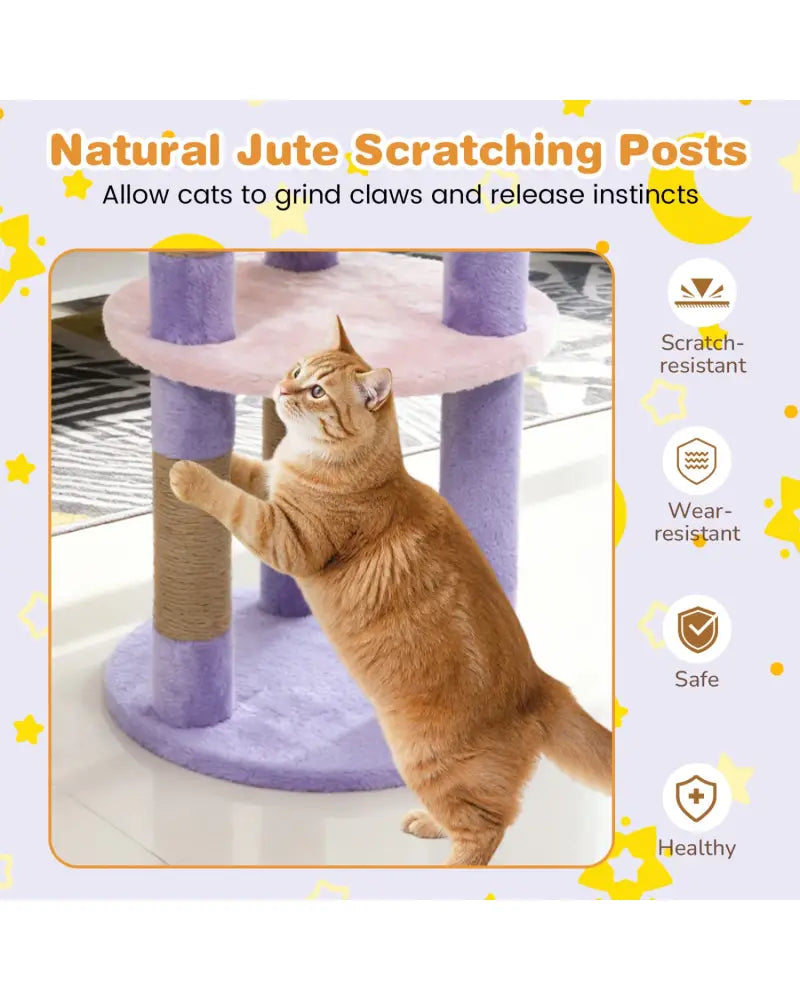 29 Inches Cute Modern Cat Tree with Star and Moon Shaped Platforms-Purple - Purple - Cat Trees Condos & Scratchers
