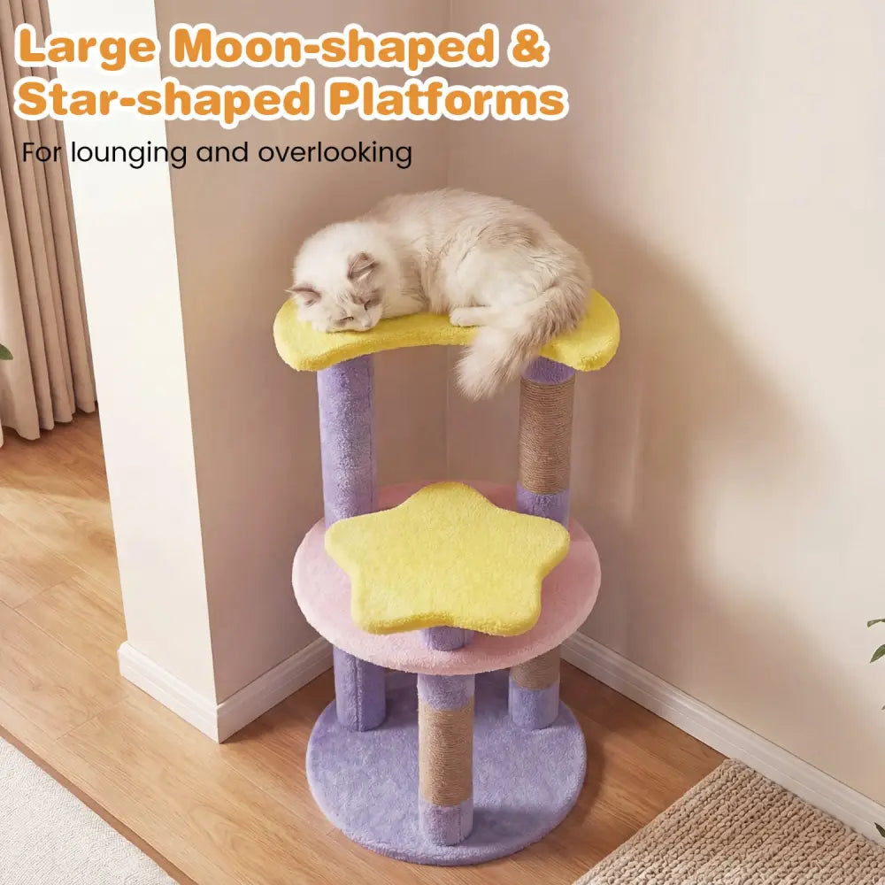 29 Inches Cute Modern Cat Tree with Star and Moon Shaped Platforms-Purple - Purple - Cat Trees Condos & Scratchers