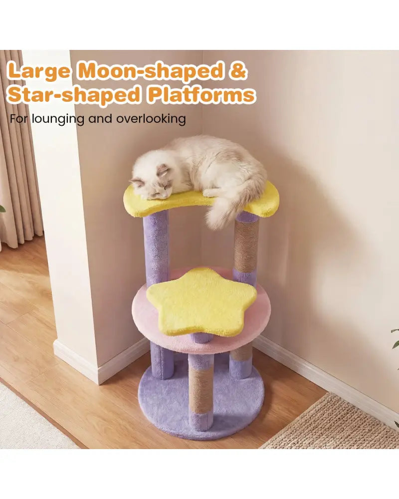 29 Inches Cute Modern Cat Tree with Star and Moon Shaped Platforms-Purple - Purple - Cat Trees Condos & Scratchers