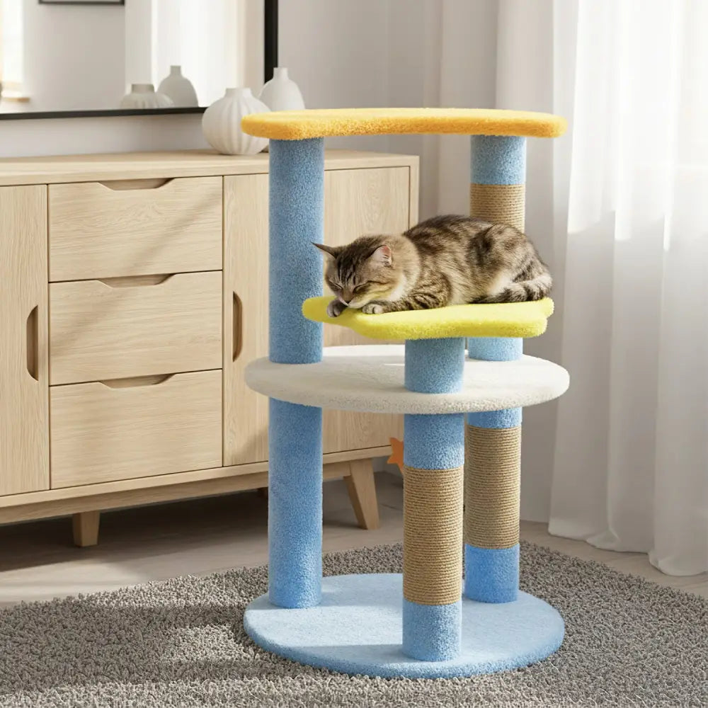 29 Inches Cute Modern Cat Tree with Star and Moon Shaped Platforms-Blue - Blue - Cat Trees Condos & Scratchers