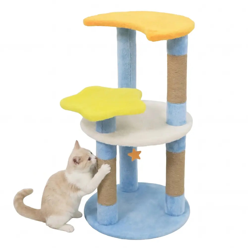 29 Inches Cute Modern Cat Tree with Star and Moon Shaped Platforms-Blue - Blue - Cat Trees Condos & Scratchers