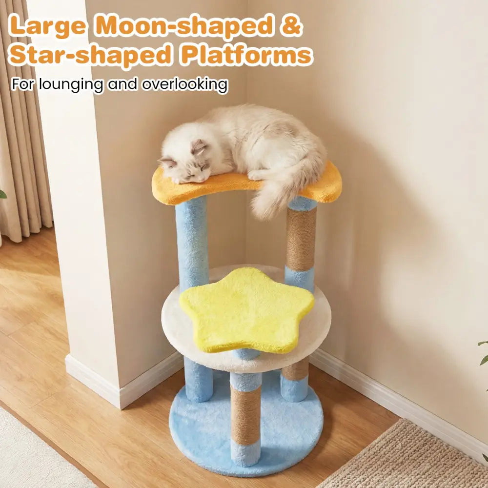 29 Inches Cute Modern Cat Tree with Star and Moon Shaped Platforms-Blue - Blue - Cat Trees Condos & Scratchers