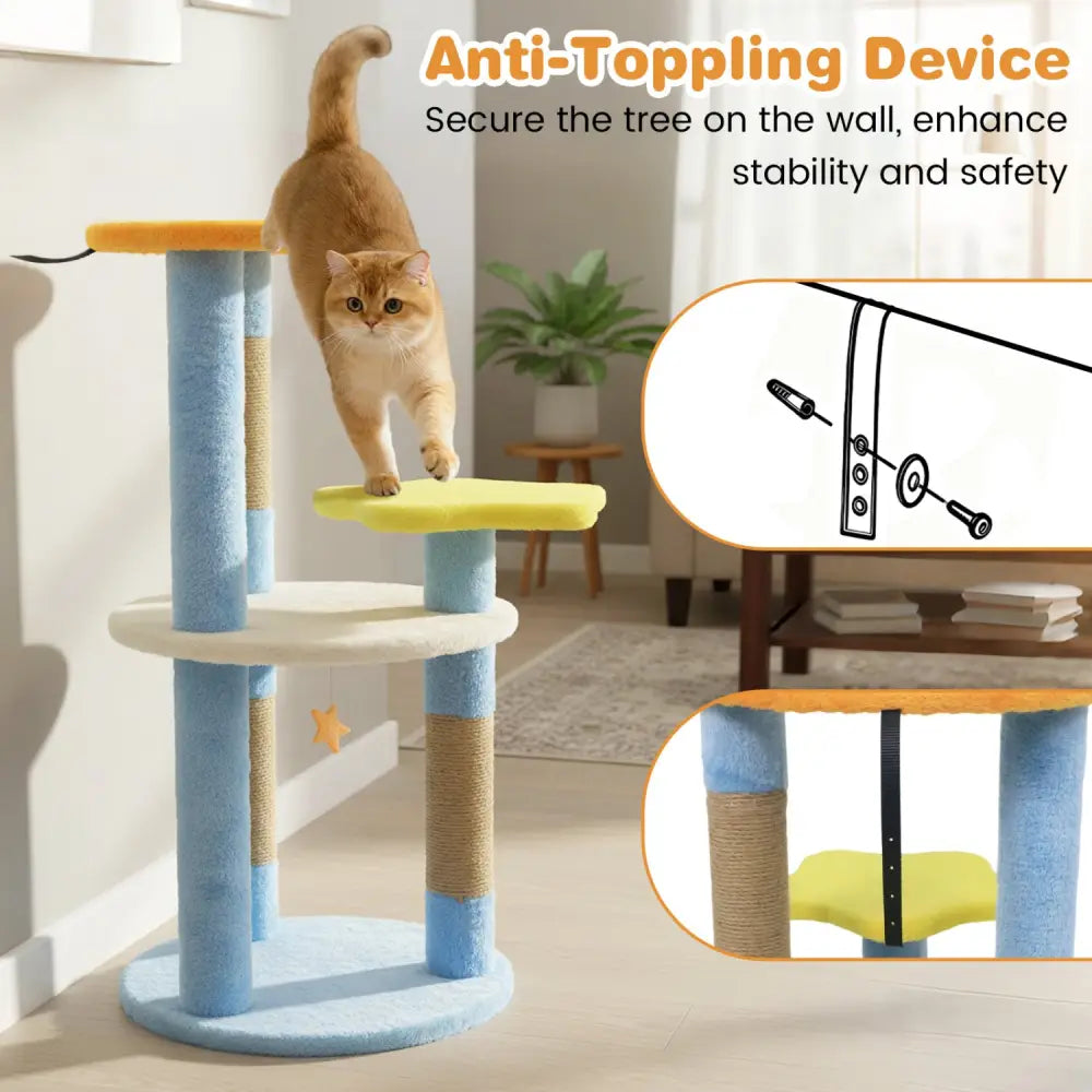 29 Inches Cute Modern Cat Tree with Star and Moon Shaped Platforms-Blue - Blue - Cat Trees Condos & Scratchers