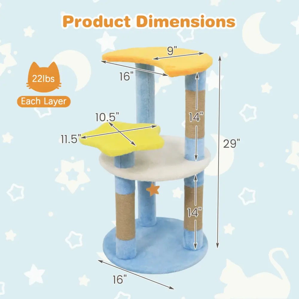29 Inches Cute Modern Cat Tree with Star and Moon Shaped Platforms-Blue - Blue - Cat Trees Condos & Scratchers