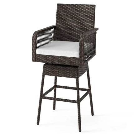 29 Inches Patio 360° Swivel Bar Stool with Cross-Woven Armrests and Seat Cushion-White Costway