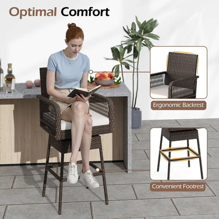 29 Inches Patio 360° Swivel Bar Stool with Cross-Woven Armrests and Seat Cushion-White Costway