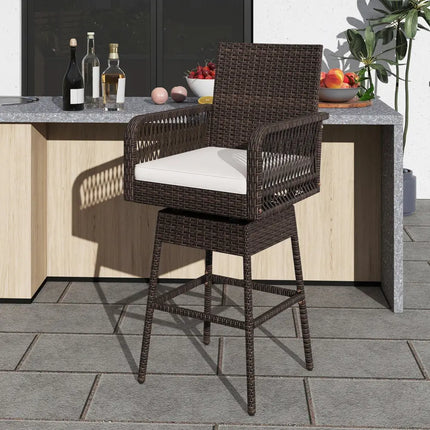 29 Inches Patio 360° Swivel Bar Stool with Cross-Woven Armrests and Seat Cushion-White Costway