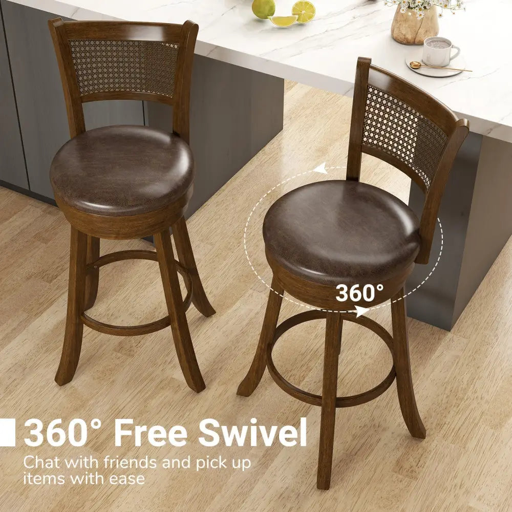 29 Inches Swivel Counter Height Barstool Set of 2 with Rattan Backrest and Footrest-Brown Costway