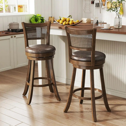 29 Inches Swivel Counter Height Barstool Set of 2 with Rattan Backrest and Footrest-Brown Costway