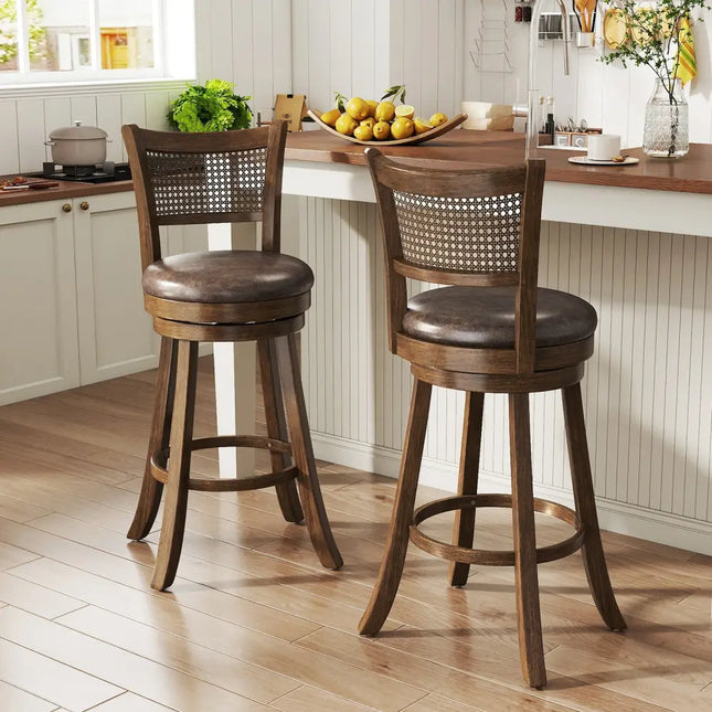 29 Inches Swivel Counter Height Barstool Set of 2 with Rattan Backrest and Footrest-Brown Costway