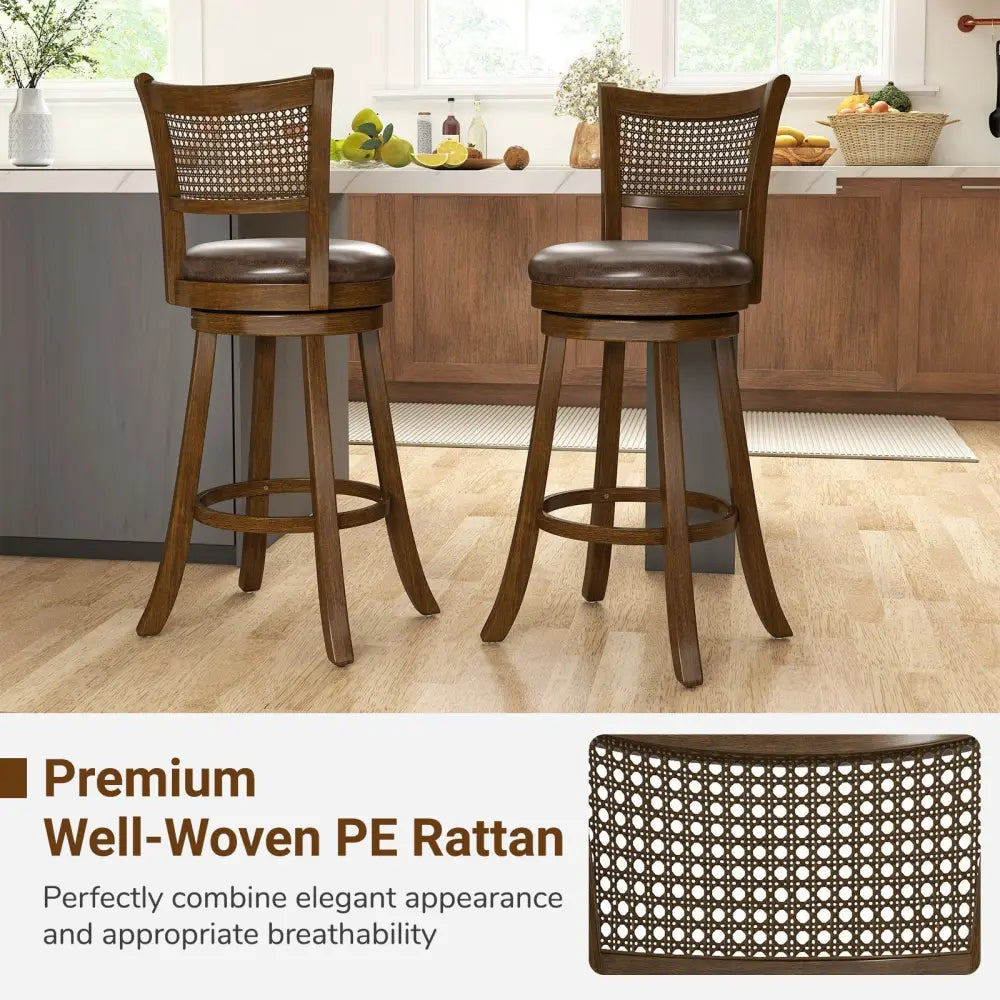 29 Inches Swivel Counter Height Barstool Set of 2 with Rattan Backrest and Footrest-Brown Costway