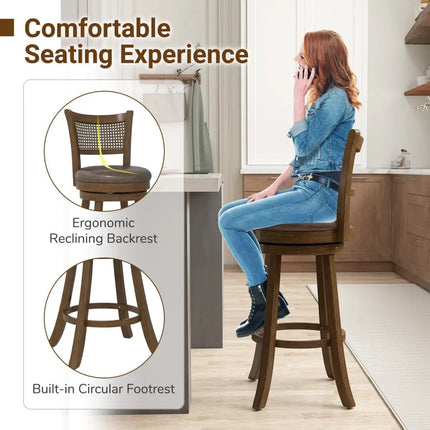 29 Inches Swivel Counter Height Barstool Set of 2 with Rattan Backrest and Footrest-Brown Costway