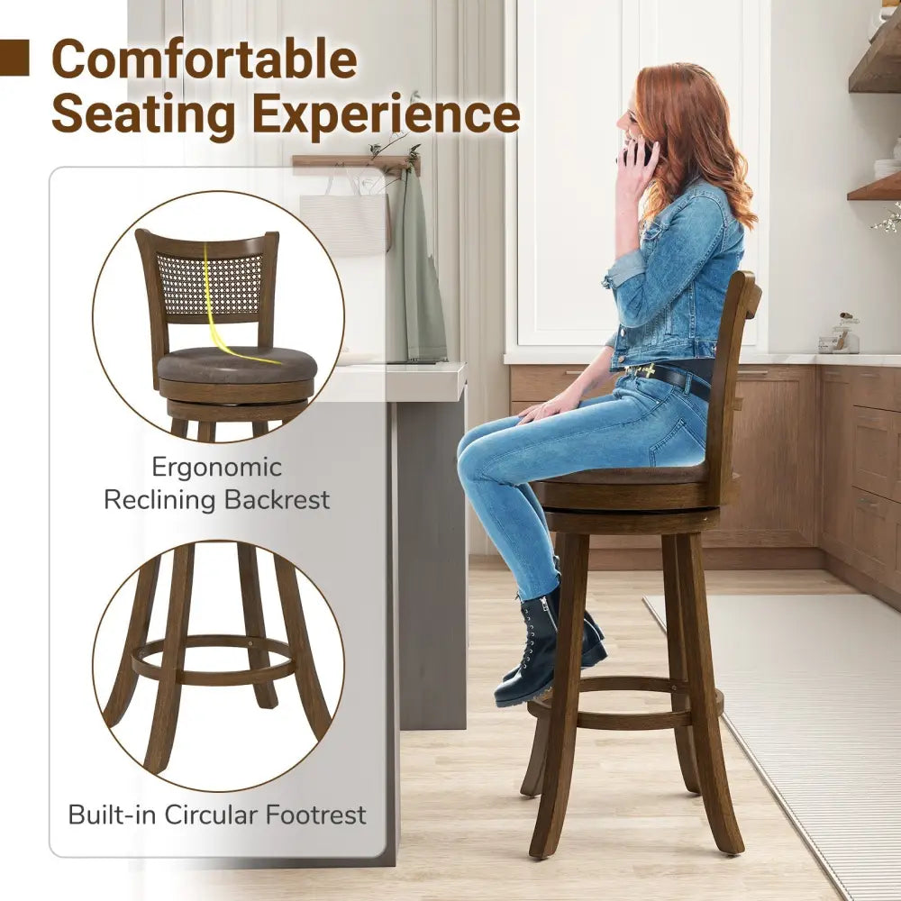 29 Inches Swivel Counter Height Barstool Set of 2 with Rattan Backrest and Footrest-Brown Costway