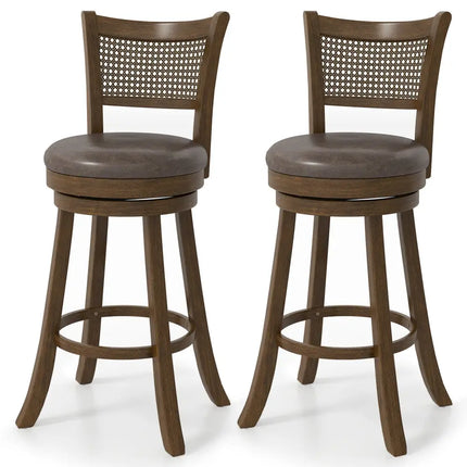 29 Inches Swivel Counter Height Barstool Set of 2 with Rattan Backrest and Footrest-Brown Costway