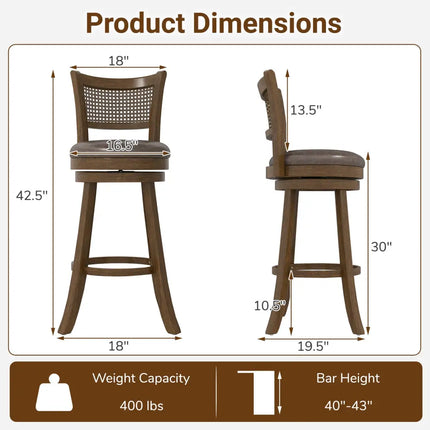 29 Inches Swivel Counter Height Barstool Set of 2 with Rattan Backrest and Footrest-Brown Costway