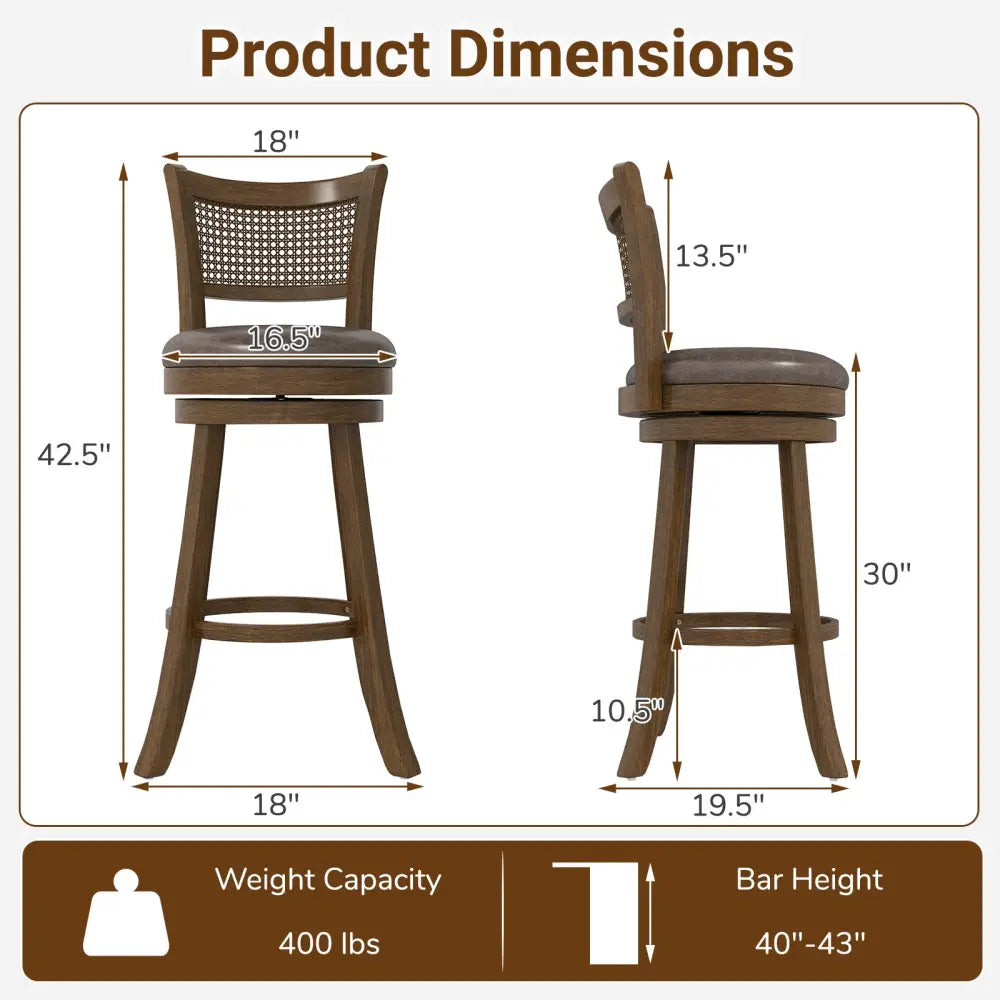29 Inches Swivel Counter Height Barstool Set of 2 with Rattan Backrest and Footrest-Brown Costway
