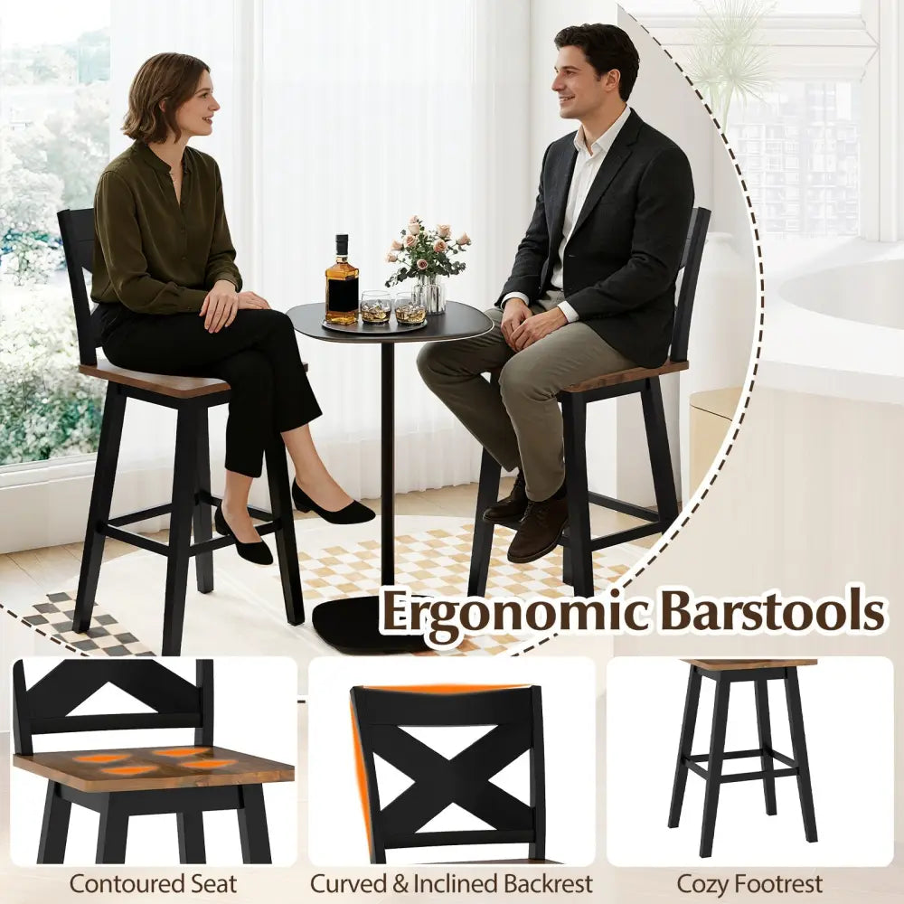 29" Rubberwood Swivel Barstools Set of 2 with Backrest and Large Seat-Black Costway