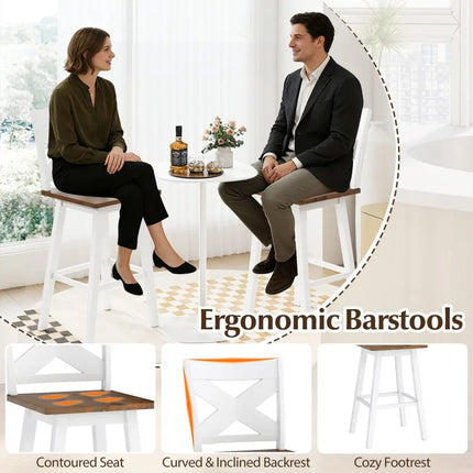 29" Rubberwood Swivel Barstools Set of 2 with Backrest and Large Seat-White Costway