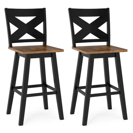 29" Rubberwood Swivel Barstools Set of 2 with Backrest and Large Seat-Black Costway