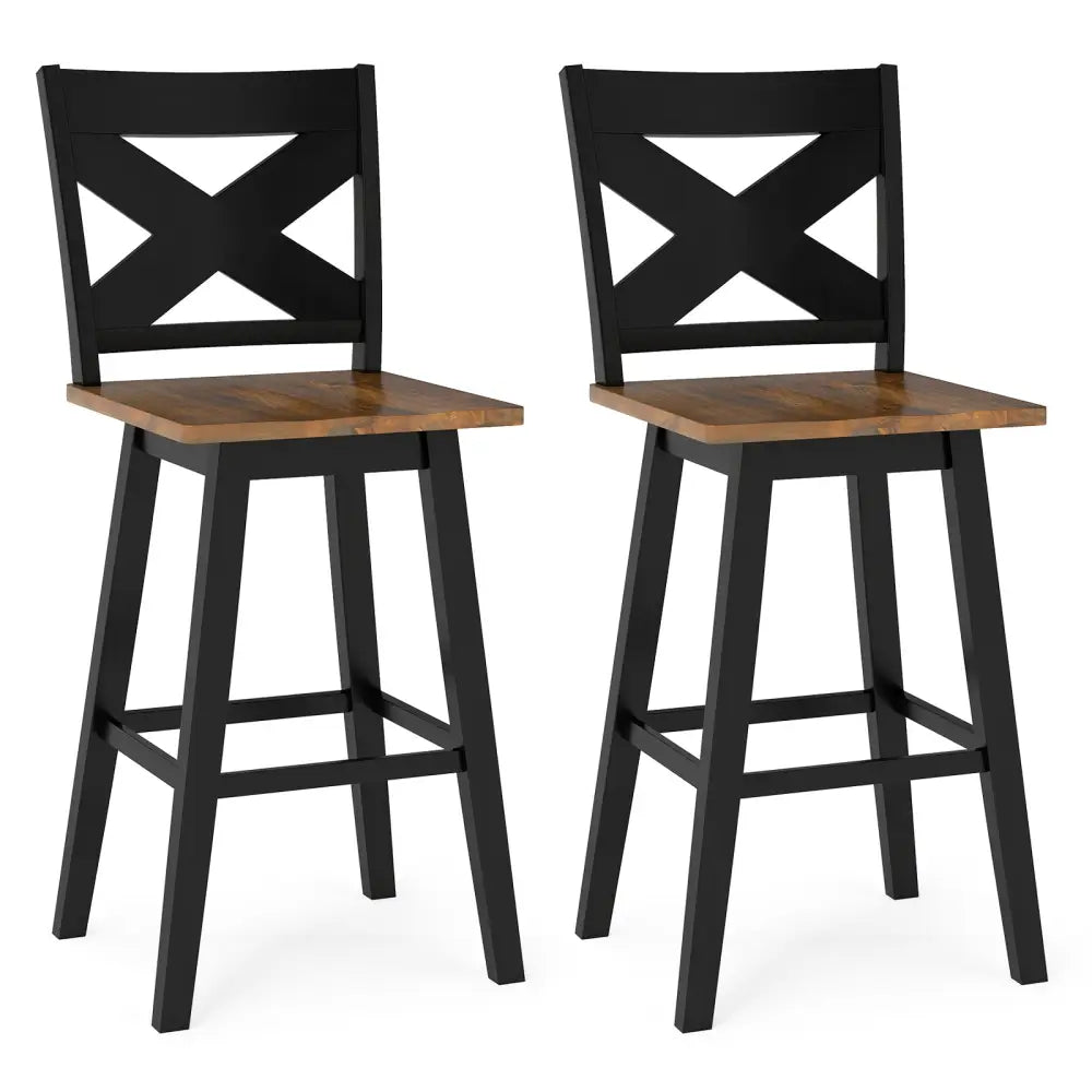 29" Rubberwood Swivel Barstools Set of 2 with Backrest and Large Seat-Black Costway