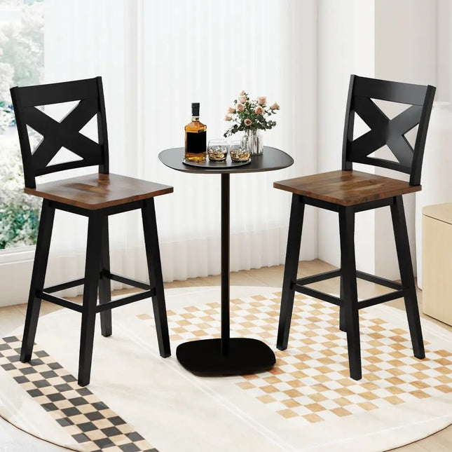 29" Rubberwood Swivel Barstools Set of 2 with Backrest and Large Seat-Black Costway