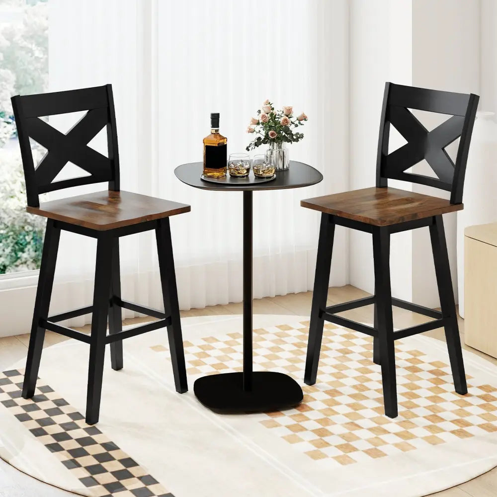 29" Rubberwood Swivel Barstools Set of 2 with Backrest and Large Seat-Black Costway