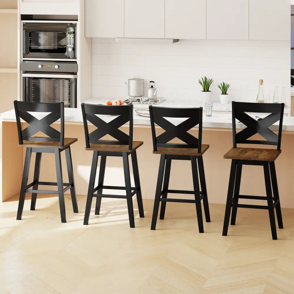 29" Rubberwood Swivel Barstools Set of 2 with Backrest and Large Seat-Black Costway