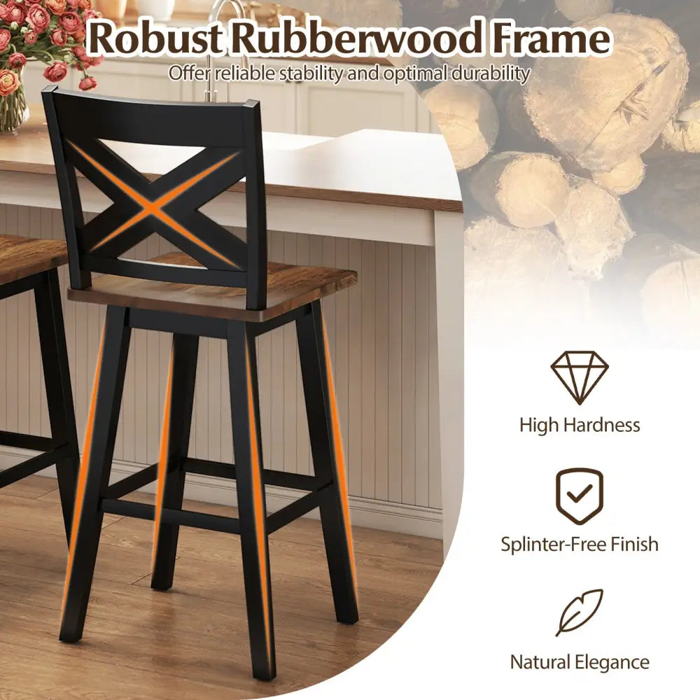 29" Rubberwood Swivel Barstools Set of 2 with Backrest and Large Seat-Black Costway