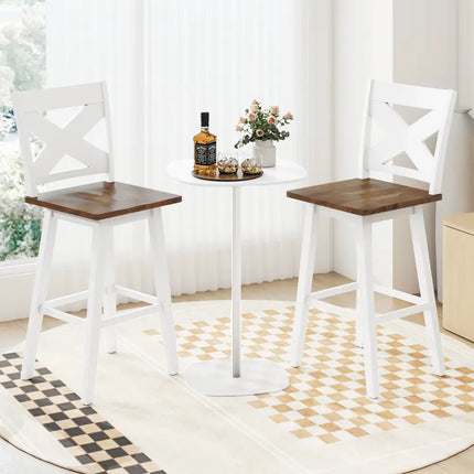 29" Rubberwood Swivel Barstools Set of 2 with Backrest and Large Seat-White Costway