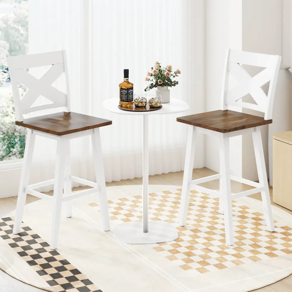 29" Rubberwood Swivel Barstools Set of 2 with Backrest and Large Seat-White Costway