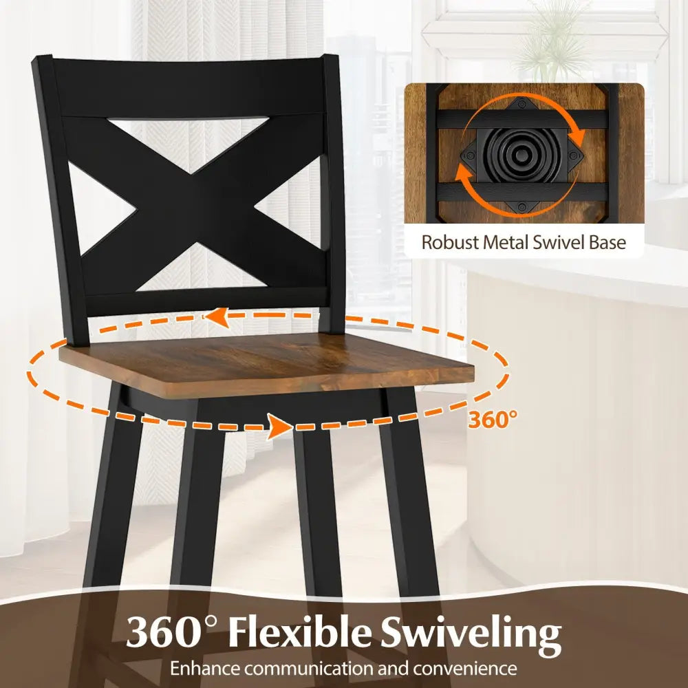 29" Rubberwood Swivel Barstools Set of 2 with Backrest and Large Seat-Black Costway