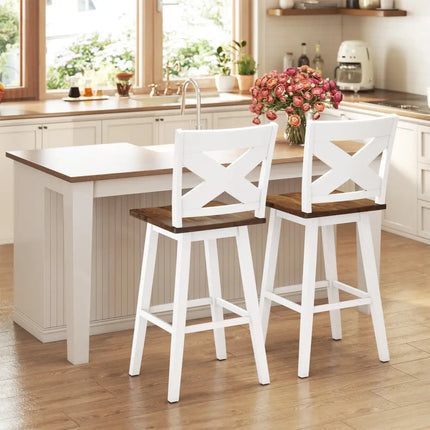 29" Rubberwood Swivel Barstools Set of 2 with Backrest and Large Seat-White Costway