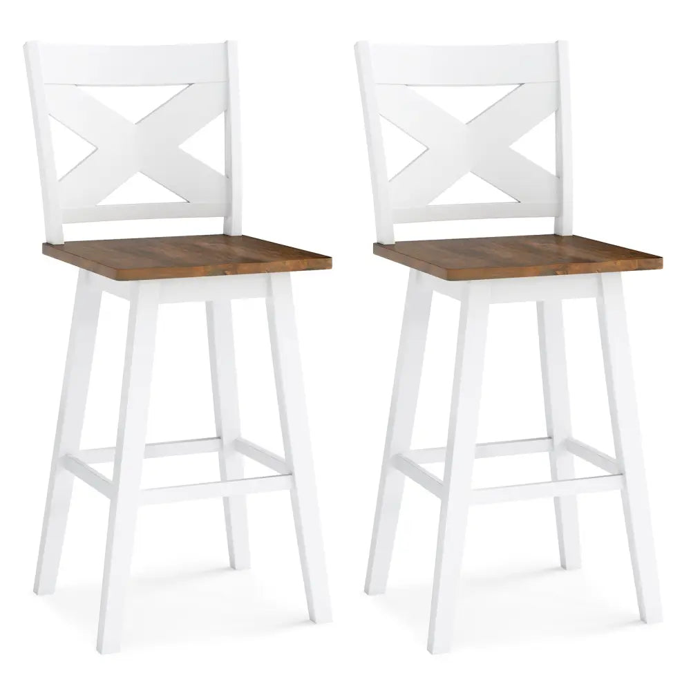 29’’ Rubberwood Swivel Barstools Set of 2 with Backrest and Large Seat-White - White - Bar Stools