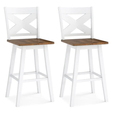 29" Rubberwood Swivel Barstools Set of 2 with Backrest and Large Seat-White Costway
