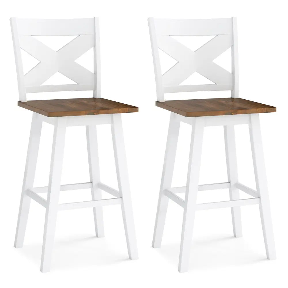 29" Rubberwood Swivel Barstools Set of 2 with Backrest and Large Seat-White Costway