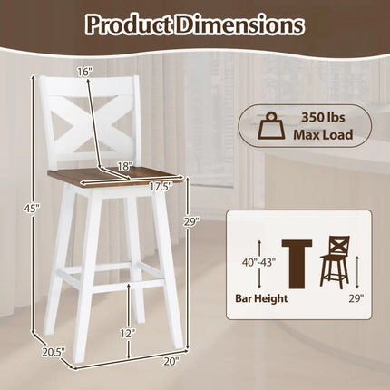 29" Rubberwood Swivel Barstools Set of 4 with Backrest and Large Seat-Wh ite Costway
