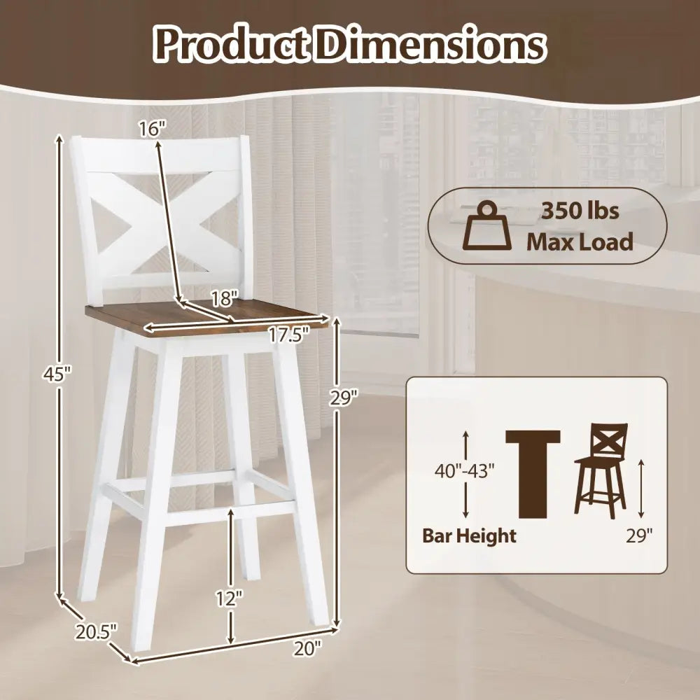 29" Rubberwood Swivel Barstools Set of 4 with Backrest and Large Seat-Wh ite Costway