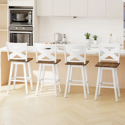 29" Rubberwood Swivel Barstools Set of 4 with Backrest and Large Seat-Wh ite Costway