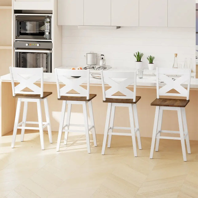 29" Rubberwood Swivel Barstools Set of 4 with Backrest and Large Seat-Wh ite Costway