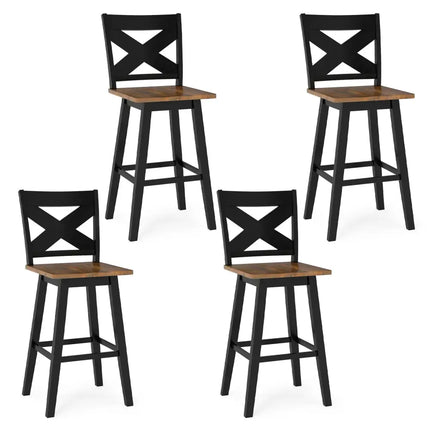 29" Rubberwood Swivel Barstools Set of 4 with Backrest and Large Seat-Black Costway