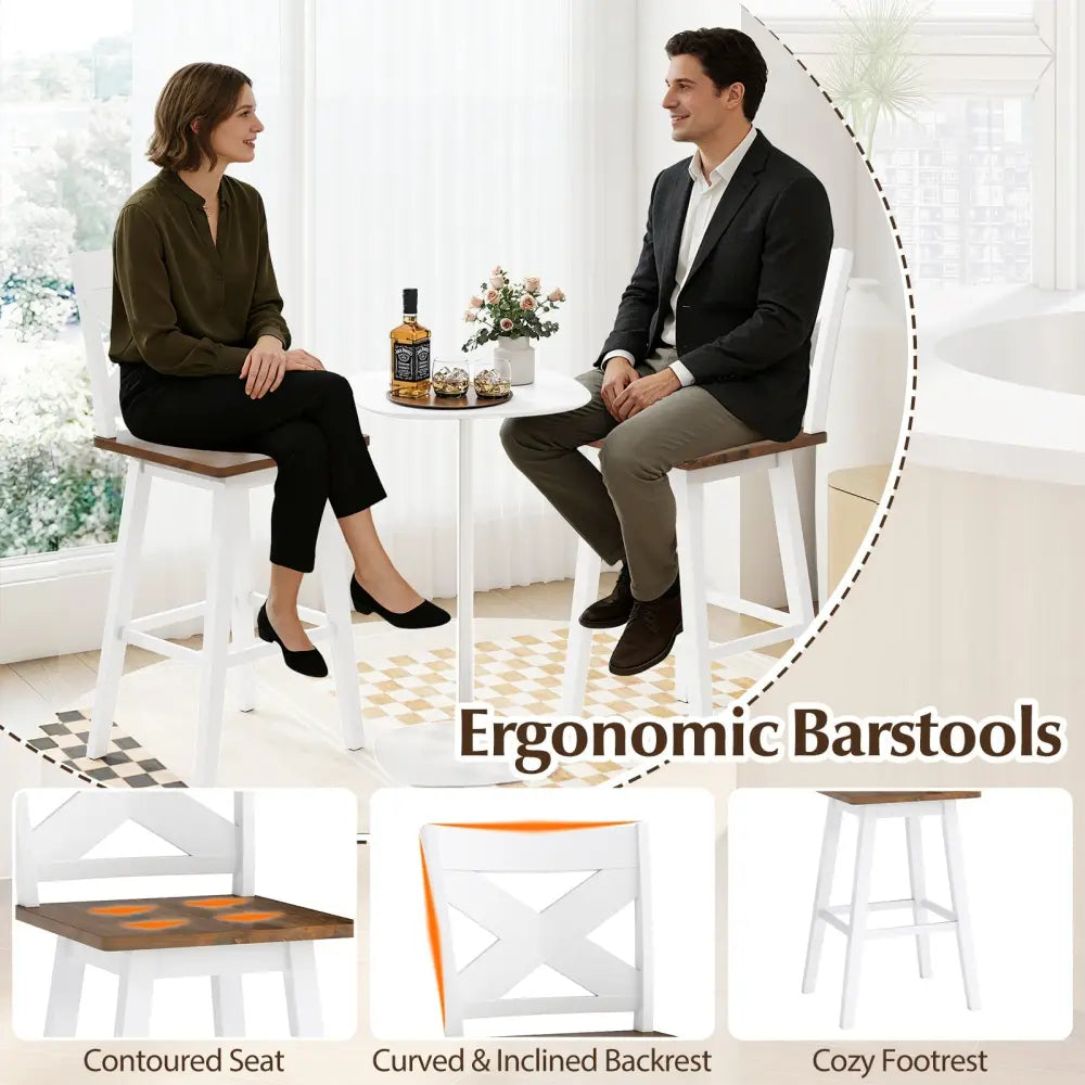 29" Rubberwood Swivel Barstools Set of 4 with Backrest and Large Seat-Wh ite Costway