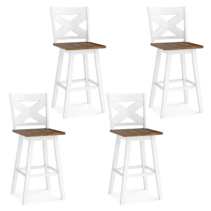 29" Rubberwood Swivel Barstools Set of 4 with Backrest and Large Seat-Wh ite Costway