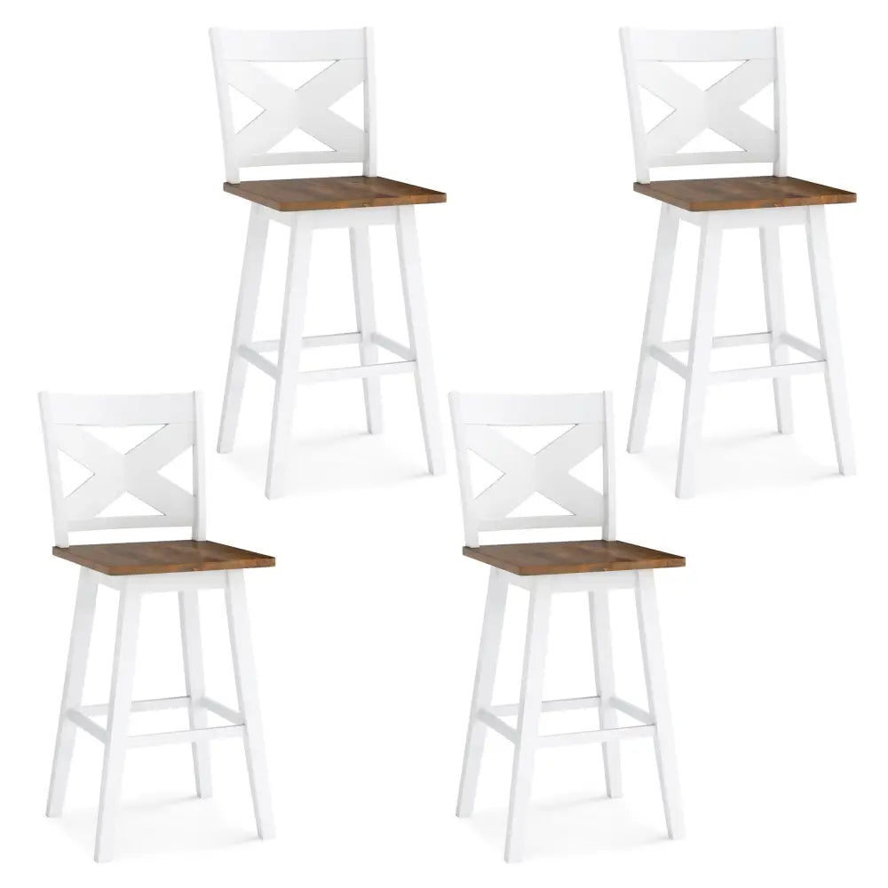 29" Rubberwood Swivel Barstools Set of 4 with Backrest and Large Seat-Wh ite Costway
