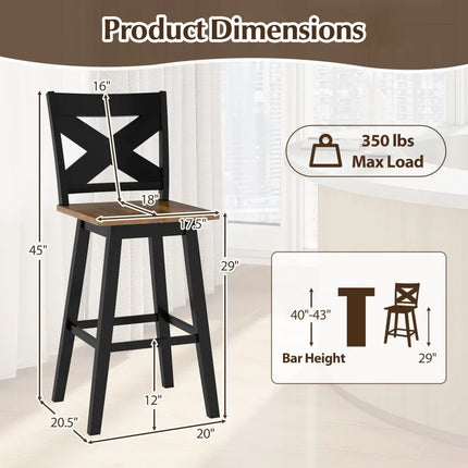 29" Rubberwood Swivel Barstools Set of 4 with Backrest and Large Seat-Black Costway