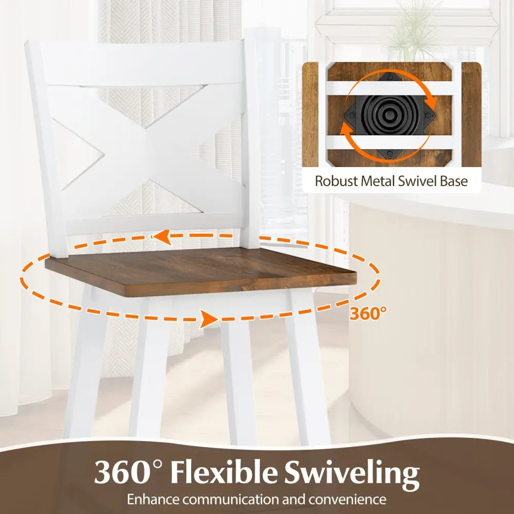 29" Rubberwood Swivel Barstools Set of 4 with Backrest and Large Seat-Wh ite Costway