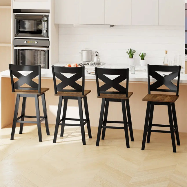 29" Rubberwood Swivel Barstools Set of 4 with Backrest and Large Seat-Black Costway