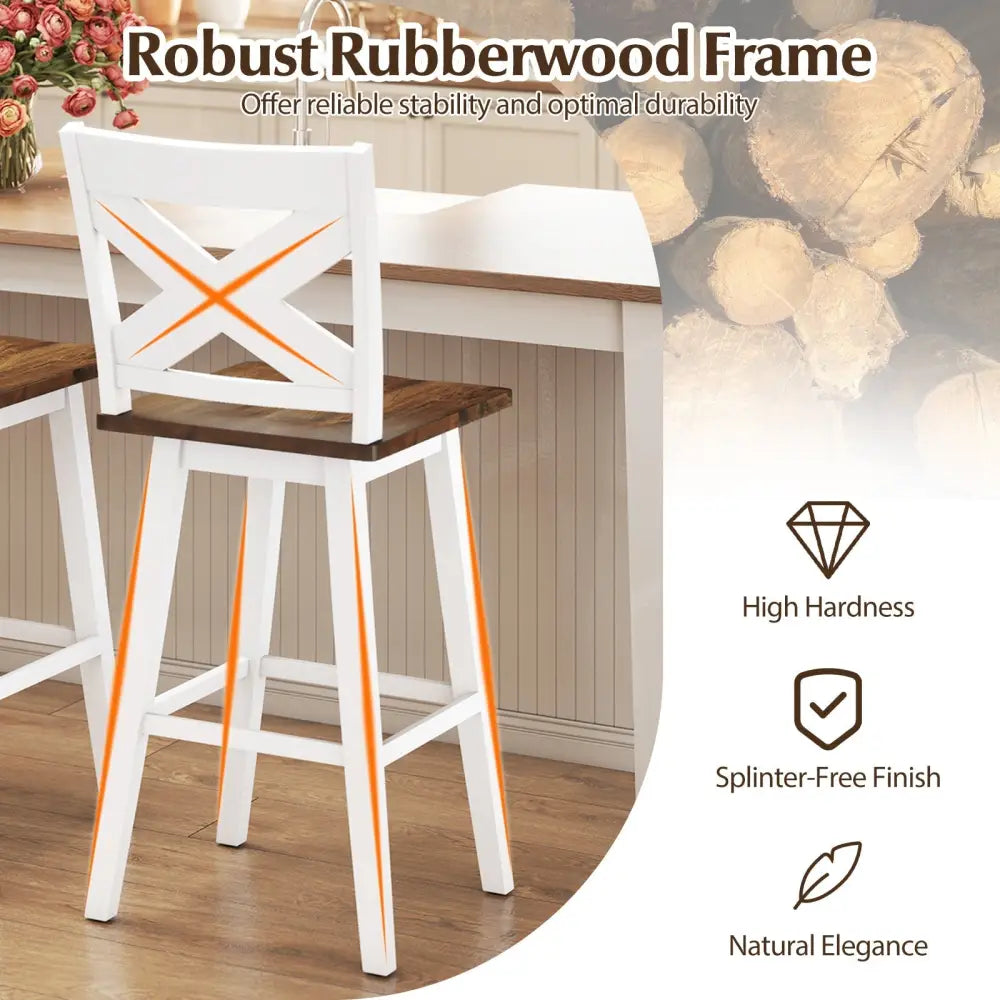 29" Rubberwood Swivel Barstools Set of 4 with Backrest and Large Seat-Wh ite Costway